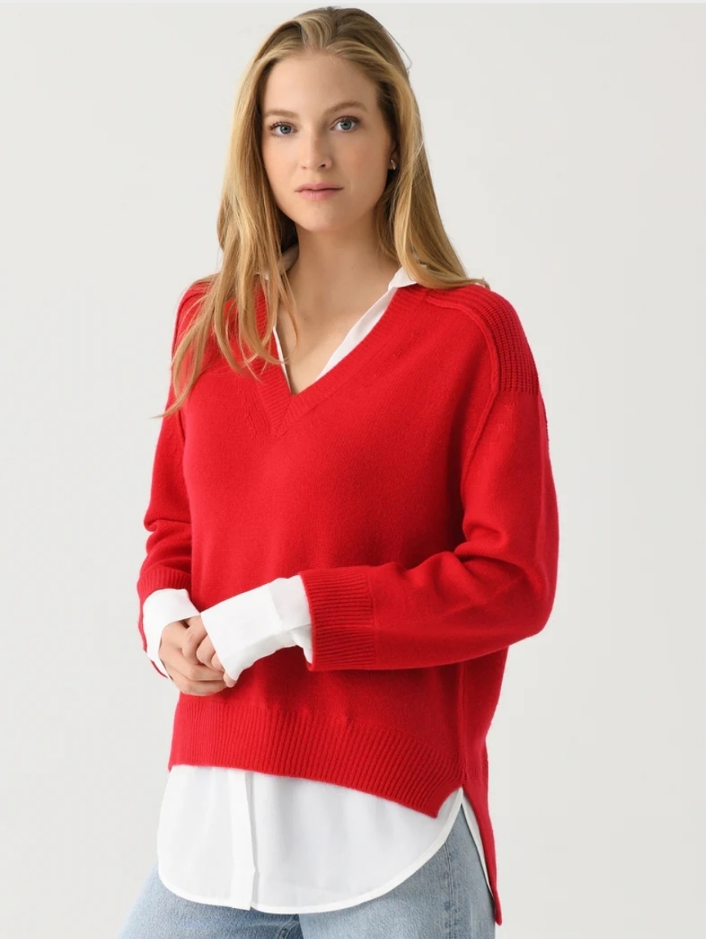 Broshu Walker The Looker Layered V Neck Cashmere Sweater Top Red XSmall NWT